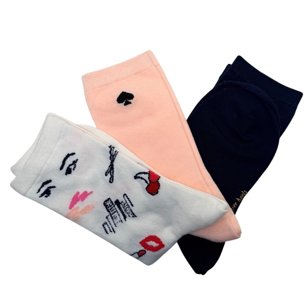 Kate Spade New York Womens Crew Socks 3 Pack Makeup Print Navy Peach NWT